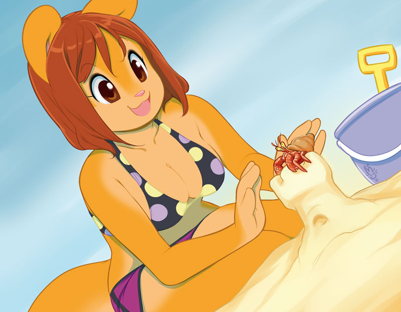 bikini breasts brown_eyes clothed clothing crab crustacean female mammal marine miu peaches_(miu) rodent sand_castle sandcastle sculpture skimpy smile squirrel swimsuit