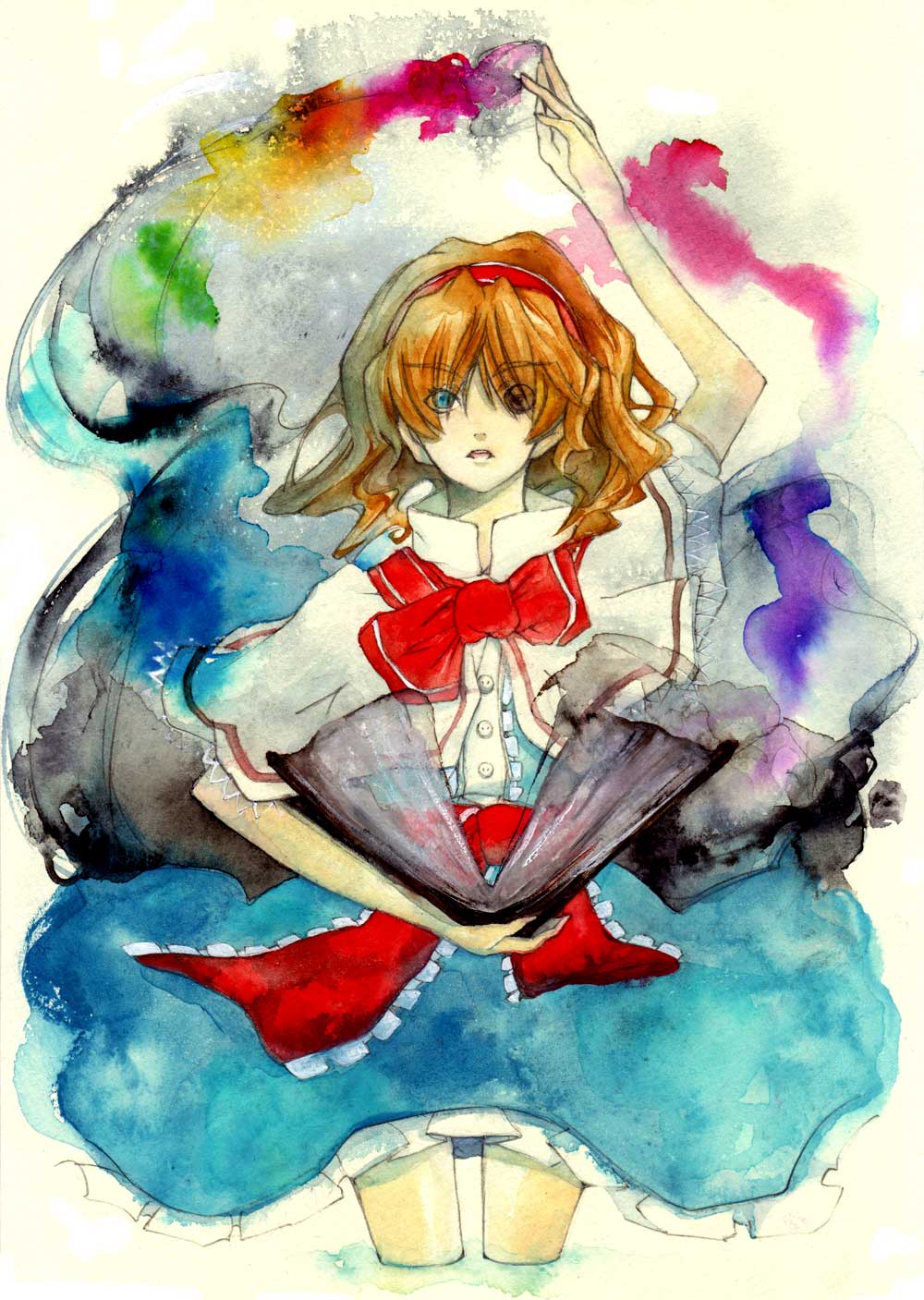 alice_margatroid blue_dress bow bowtie brown_hair capelet dress green_eyes highres looking_at_viewer magic pose puffy_short_sleeves puffy_sleeves red_bow red_neckwear short_hair short_sleeves simple_background solo standing touhou wading water white_background