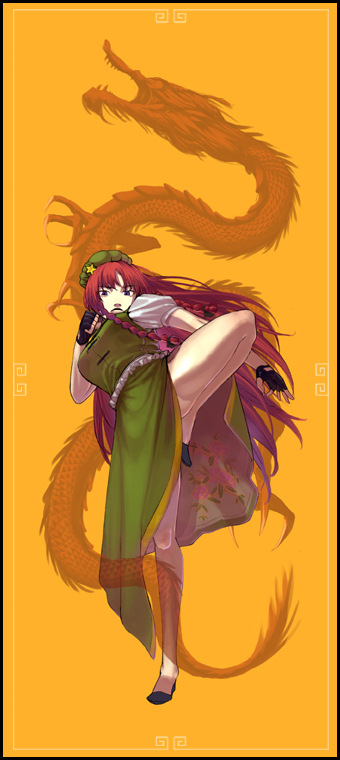 braid chinese_clothes fighting_stance fingerless_gloves gloves hat hong_meiling leg_lift legs long_hair red_hair s_kengo side_slit solo touhou twin_braids