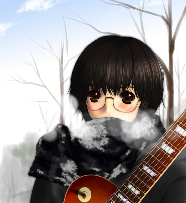 artist_request black_hair blush copyright_request glasses guitar instrument mole mole_under_eye red_eyes short_hair solo winter