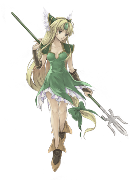 blonde_hair bow green_eyes hair_bow long_hair polearm riesz seiken_densetsu seiken_densetsu_3 spear weapon