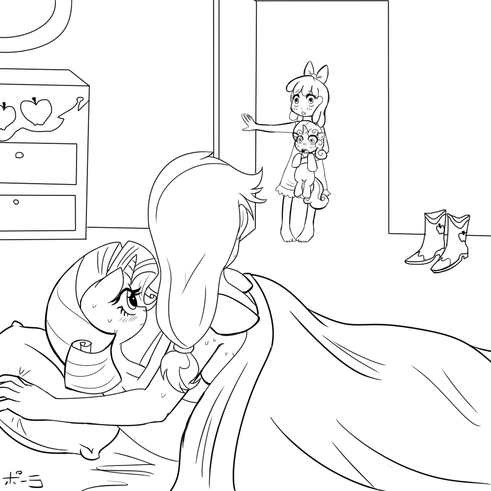 2012 apple_bloom apple_bloom_(mlp) applejack applejack_(mlp) balddumborat bestiality black_and_white blush caught child clothing equine eye_contact female feral friendship_is_magic group horn horse human humanized interspecies lesbian line_art mammal monochrome my_little_pony nervous open_mouth pony rarity rarity_(mlp) shocked shoes suggestive sweat sweetie_belle sweetie_belle_(mlp) text unicorn walk-in young