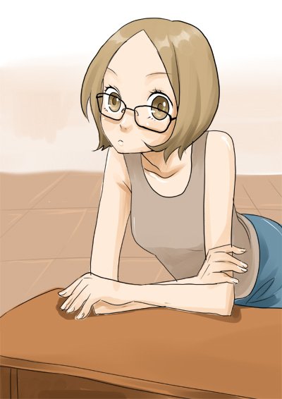 bad_id bad_pixiv_id bent_over brown_eyes brown_hair copyright_request glasses hntk short_hair solo