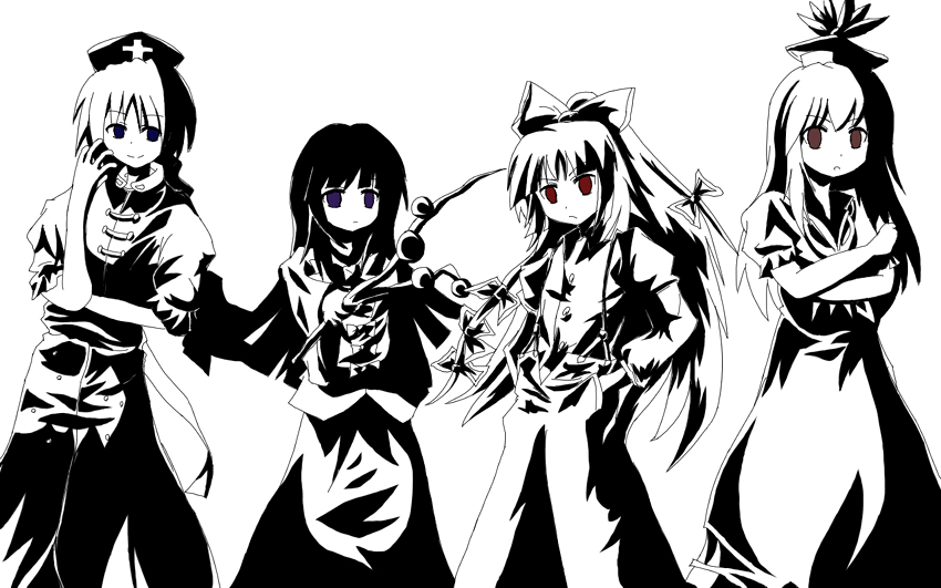 bad_id bad_pixiv_id bangs fujiwara_no_mokou greyscale houraisan_kaguya kamishirasawa_keine monochrome multiple_girls spot_color tamago_gohan touhou yagokoro_eirin