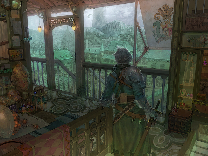 armor balcony city flag from_behind indoors jewelry lights male_focus medieval mountain munashichi original scabbard sheath shoulder_armor silver_hair solo spaulders stairs sword table tree weapon window