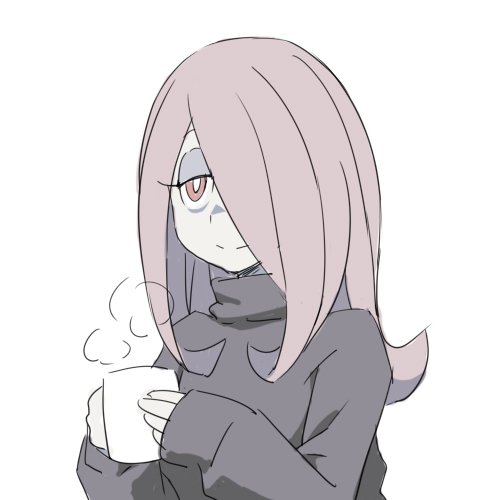 coffee_mug commentary_request cup hair_over_one_eye half-closed_eyes holding holding_cup little_witch_academia long_hair lowres mug official_style pale_skin pink_hair red_eyes satochi_(twitter) simple_background smile solo steam sucy_manbavaran sweater upper_body white_background