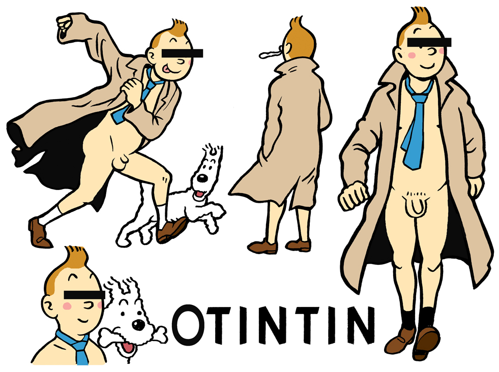 :p bar_censor blush_stickers bone censored commentary_request dog flaccid hands_in_pockets identity_censor male_focus milou_(tintin) naked_coat naked_necktie necktie official_style penis popped_collar pun punch_arino quiff running simple_background smile testicles tintin tintin_(character) tongue tongue_out trench_coat walking white_background