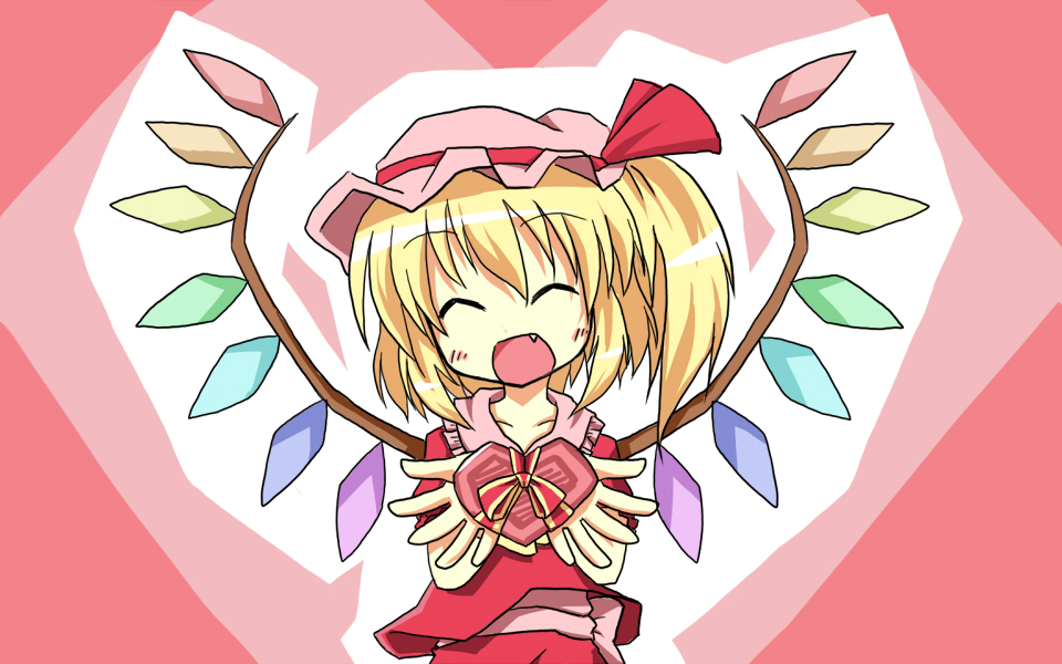 :d ^_^ blonde_hair closed_eyes fang flandre_scarlet gift holding holding_gift open_mouth smile solo touhou valentine wings yuuhi_alpha