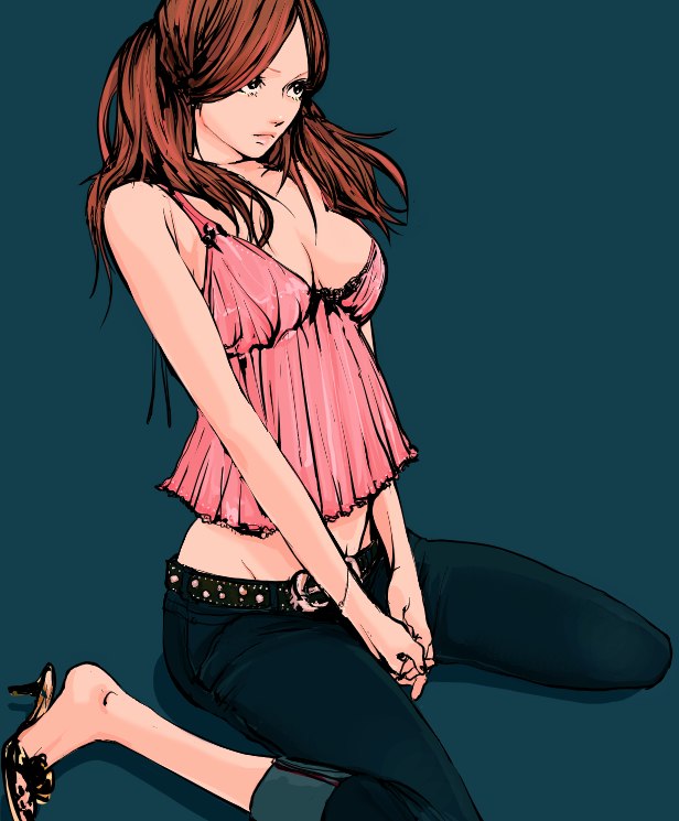 brown_hair camisole copyright_request denim fashion high_heels jeans lingerie long_hair midriff negligee pants sandals shoes sitting solo takenaka underwear