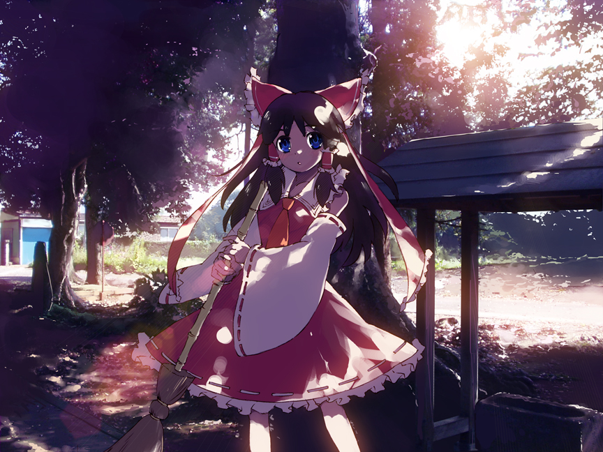 ascot bamboo_broom bare_shoulders bloom blue_eyes bow broom brown_eyes cowboy_shot dappled_sunlight detached_sleeves frilled_bow frilled_hair_tubes frilled_shirt_collar frills hair_bow hair_tubes hakurei_reimu house kitano_yuusuke lake long_hair looking_at_viewer nature red_bow red_ribbon ribbon ribbon-trimmed_sleeves ribbon_trim road road_sign rock sign solo sunlight touhou tree tree_shade white_collar white_sleeves wide_sleeves yellow_neckwear