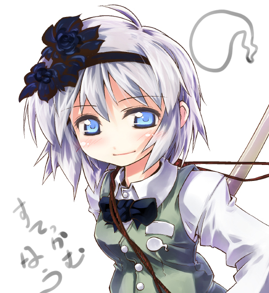 black_hairband blue_eyes blush bow bowtie flower grey_hair hairband hitodama konpaku_youmu konpaku_youmu_(ghost) nanaroku_(fortress76) short_hair smile solo stickam sword touhou vest weapon