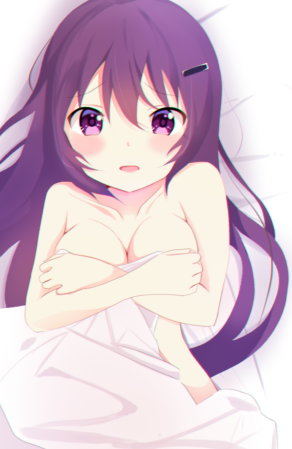 bed_sheet blush breasts cleavage collarbone covering covering_breasts eyebrows_visible_through_hair from_above gochuumon_wa_usagi_desu_ka? hair_between_eyes hair_ornament hairclip highres long_hair looking_at_viewer lying medium_breasts nude on_back open_mouth pix_mloof purple_eyes purple_hair solo tedeza_rize under_covers upper_body very_long_hair