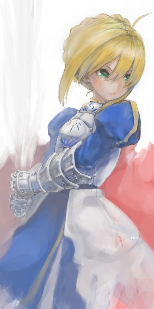 ahoge armor armored_dress artoria_pendragon_(all) bad_id bad_pixiv_id blonde_hair dress fate/stay_night fate_(series) gauntlets green_eyes hair_ribbon highres invisible_air masuchi puffy_sleeves ribbon saber solo sword weapon