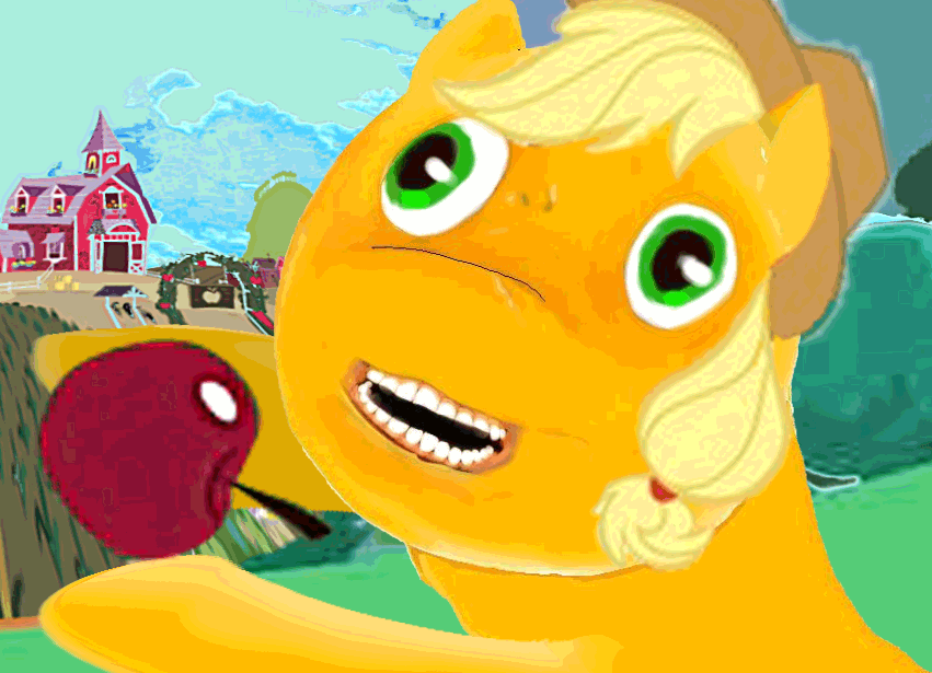 applebeans applejack_(mlp) blonde_hair cowboy_hat creepy equine female feral friendship_is_magic fur green_eyes hair hat hooves horse looking_at_viewer mammal my_little_pony nightmare_fuel open_mouth orange_fur pony smile solo teeth what where_is_your_god_now why