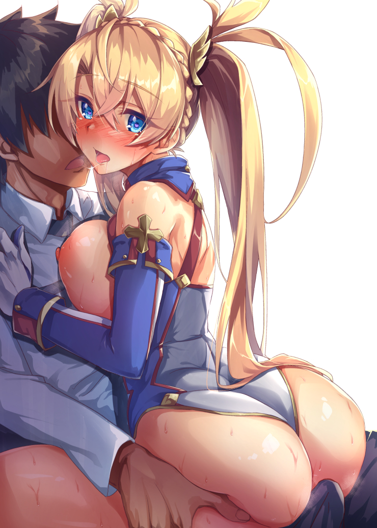 1boy 1girl ass back bangs bare_shoulders blonde_hair blue_eyes blush bradamante_(fate/grand_order) braid breast_press breasts butt_crack commentary_request crown_braid deep_skin eyebrows_visible_through_hair fate/grand_order fate_(series) french_braid gloves hair_between_eyes heart heart-shaped_pupils hetero highleg highleg_leotard large_breasts leotard long_hair looking_at_viewer open_mouth satou_(kuso-neet) simple_background symbol-shaped_pupils thighs twintails very_long_hair white_background