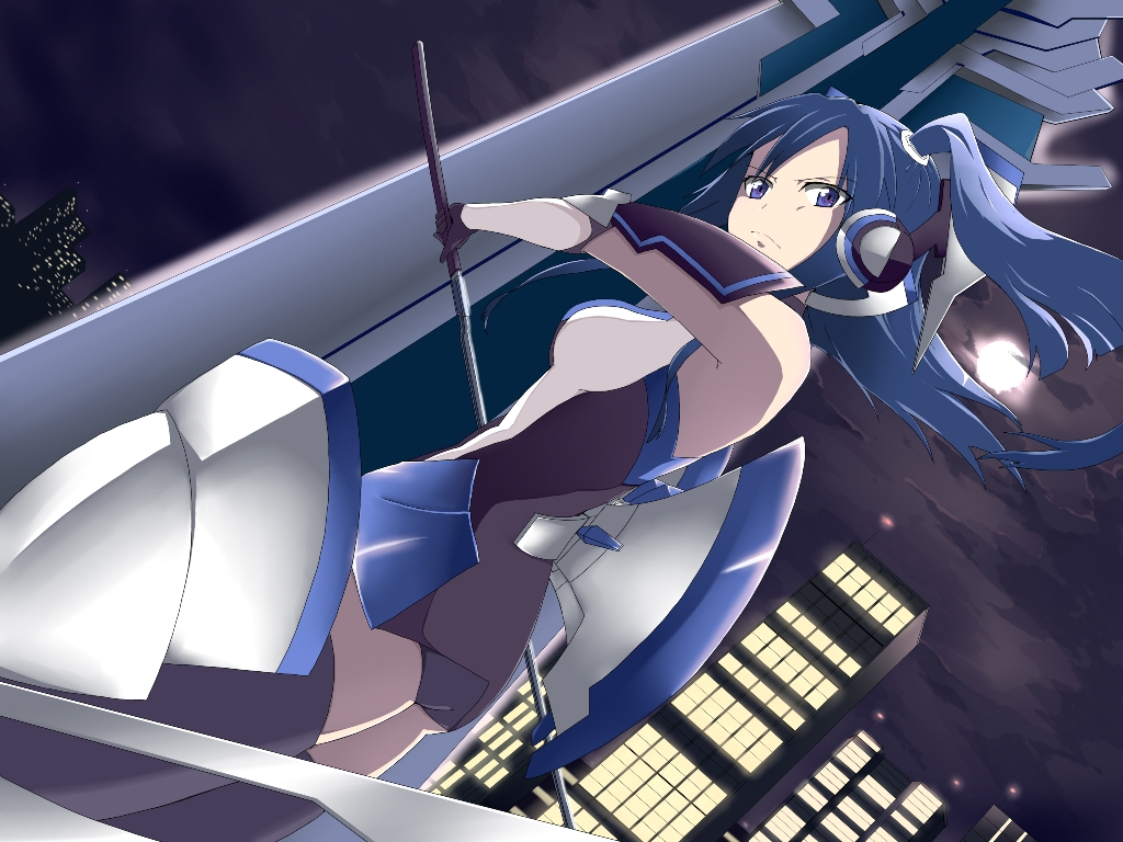 blue_eyes blue_hair bodysuit boots gloves headphones kazanari_tsubasa long_hair one_side_up passingpleasures senki_zesshou_symphogear sword thigh_boots thighhighs weapon zettai_ryouiki