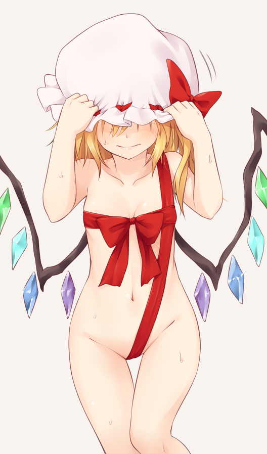 1girl blonde_hair bow breasts collarbone commentary_request crystal facing_viewer feet_out_of_frame flandre_scarlet grey_background groin hair_over_eyes hands_up hat hat_bow hat_tug long_hair miyo_(ranthath) mob_cap naked_ribbon navel nude one_side_up red_bow red_ribbon ribbon simple_background small_breasts solo standing stomach sweat thighs touhou white_hat wings