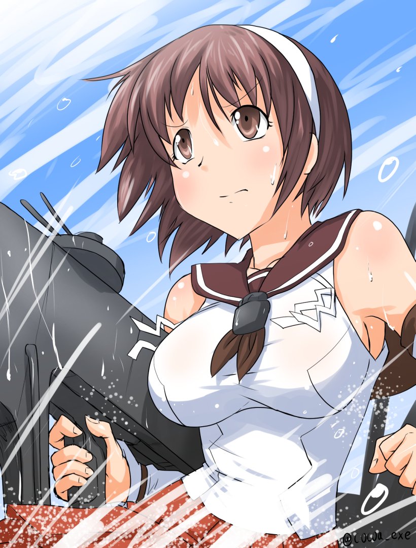 1girl breasts brown_eyes brown_hair cocoa_(cocoa0191) detached_sleeves from_below frown hairband holding holding_weapon kantai_collection large_breasts machinery natori_(kantai_collection) pleated_skirt red_skirt school_uniform serafuku short_hair sideboob skirt solo twitter_username v-shaped_eyebrows weapon white_hairband