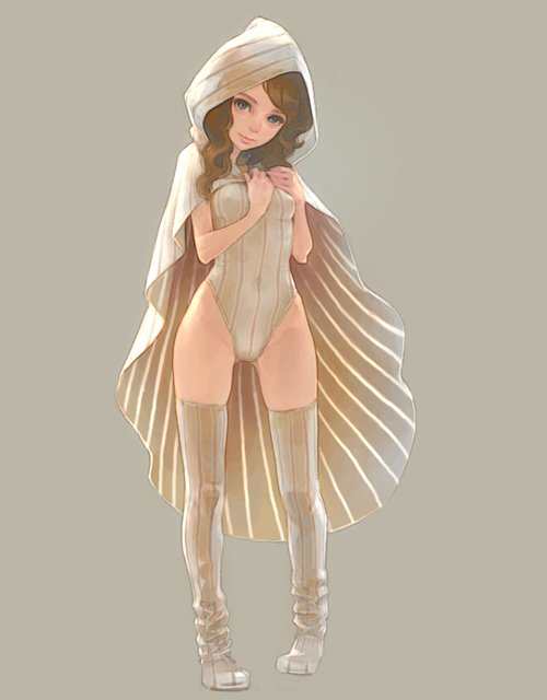 boots brown_hair cape grey_eyes hood hoodie looking_at_viewer one-piece_swimsuit original simple_background solo striped striped_legwear swimsuit thigh_boots thighhighs vertical-striped_legwear vertical_stripes weno