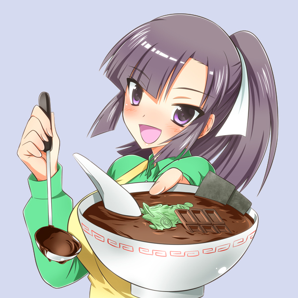 apron bad_food black_hair blush bowl chocolate daikon food hair_ribbon kami_nomi_zo_shiru_sekai ladle long_hair non-web_source pointing pointing_at_viewer ponytail purple_eyes ribbon seaweed simple_background solo soup spring_onion uemoto_sumire yuto_(dialique)