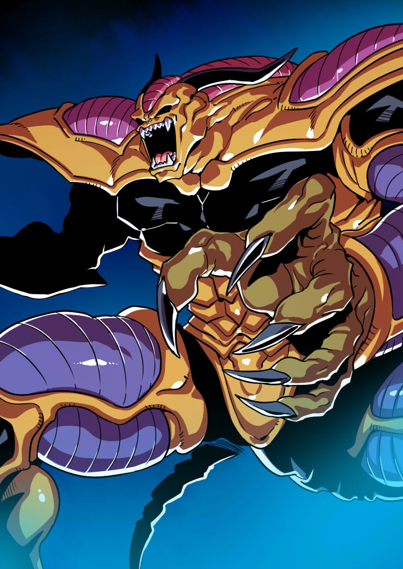 5_fingers black_exoskeleton black_eyes claws dragon_ball dragon_ball_z empty_eyes exoskeleton hirudegarn horn male monster multicolored_exoskeleton muscular muscular_male not_furry open_mouth orange_exoskeleton purple_body sharp_teeth solo teeth tongue tsuki_wani