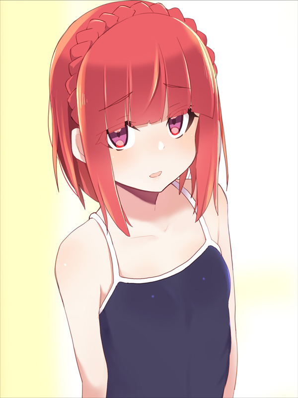 1girl aikawa_aika alice_gear_aegis bangs bare_shoulders black_swimsuit blunt_bangs blush braid breasts commentary_request crown_braid eyebrows_visible_through_hair looking_at_viewer maze_(gochama_ze_gohan) new_school_swimsuit one-piece_swimsuit parted_lips red_eyes red_hair school_swimsuit sidelocks small_breasts solo swimsuit upper_body