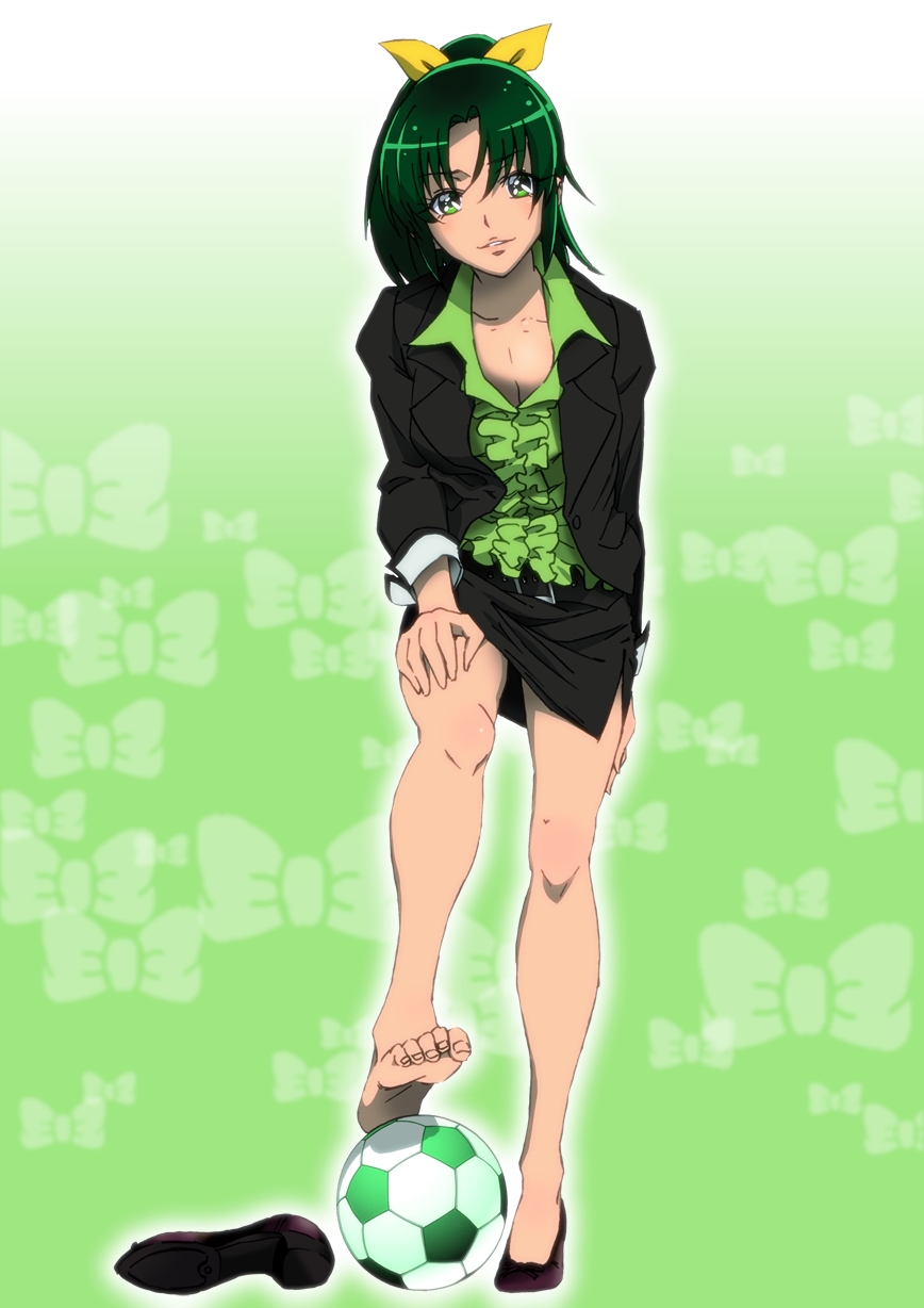ball bare_legs barefoot bow feet formal gorou_(pixiv3249935) gradient gradient_background green_background green_eyes green_hair green_shirt hair_ribbon hand_on_thigh highres jacket leg_lift looking_at_viewer midorikawa_nao office_lady older pencil_skirt ponytail precure ribbon shirt shoes side_slit single_shoe skirt skirt_suit smile_precure! soccer soccer_ball solo standing suit telstar yellow_ribbon