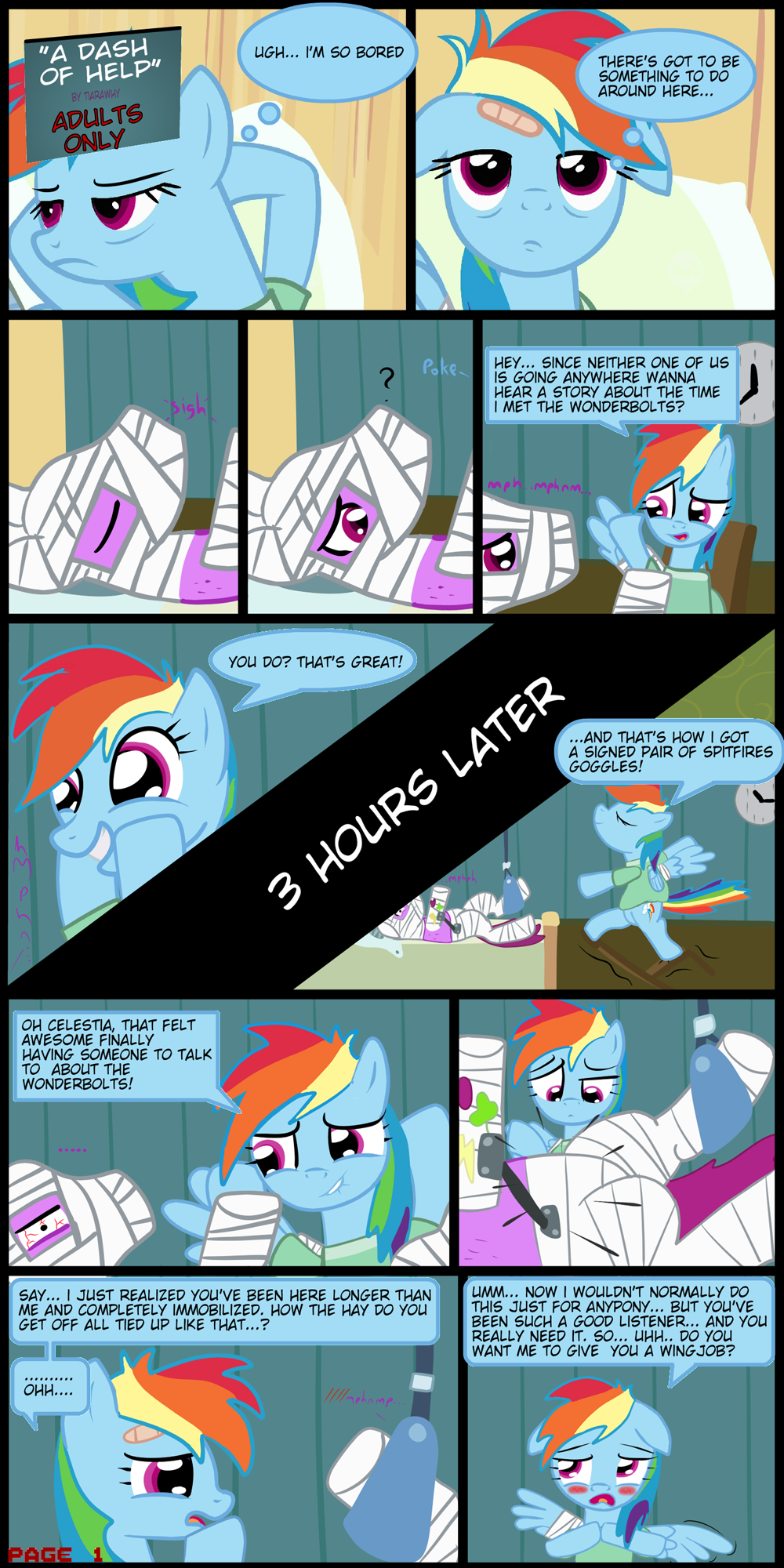 bandage blue_fur blush clock comic cutie_mark dialog duo english_text equine eyes_closed female feral friendship_is_magic fur hair horse hospital male mammal medical multi-colored_hair my_little_pony open_mouth patient pegasus pony purple_eyes purple_fur rainbow_dash_(mlp) rainbow_hair rainbow_tail straight teeth text tiarawhy wings