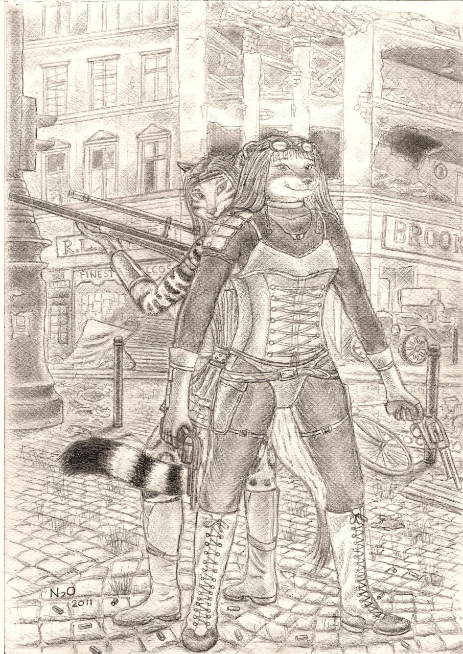 anthro armor couple female gun invalid_tag julie mahuru marbled moldred monochrome n2o pencils polecat ranged_weapon sepia sketch standing steampunk weapon
