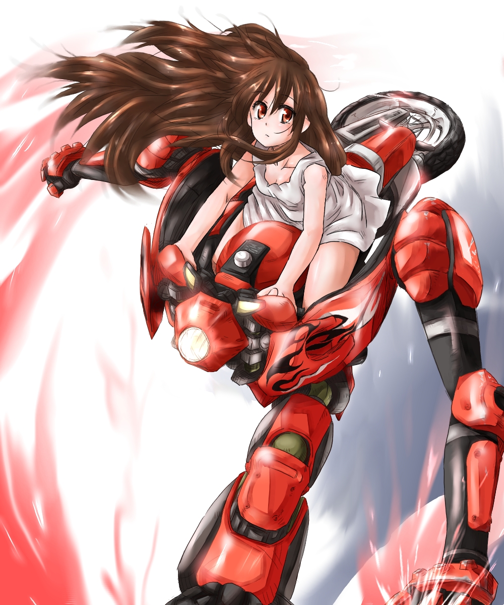 brown_eyes brown_hair dress fuego ground_vehicle highres long_hair mecha motor_vehicle motorcycle ogata_rin oldschool rideback science_fiction speed_lines tobatoinu walker