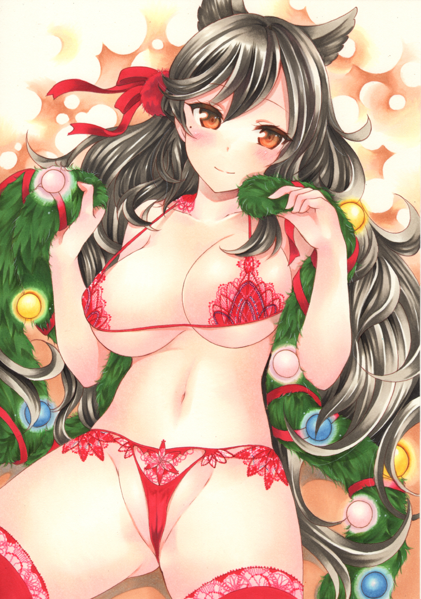 1girl animal_ears ass_visible_through_thighs atago_(azur_lane) azur_lane bangs bare_arms black_hair blush bra breasts cameltoe christmas christmas_lights cleavage closed_mouth collarbone commentary_request cowboy_shot eyebrows_visible_through_hair groin hair_ribbon hands_up head_tilt highres holding large_breasts lingerie long_hair looking_at_viewer micro_panties mole mole_under_eye navel orange_eyes panties pom_pom_(clothes) red_bra red_legwear red_panties red_ribbon ribbon santa_costume sitting smile solo stomach thighhighs thighs underwear very_long_hair wavy_hair yoruoujito-tsukinohime