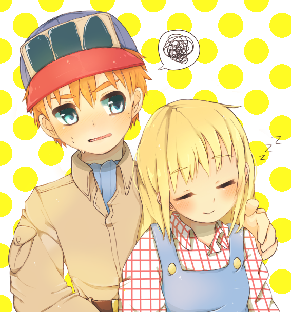 1girl baseball_cap blonde_hair blue_eyes blush claire_(harvest_moon) closed_eyes gray_(harvest_moon) harvest_moon hat long_hair open_mouth orange_hair overalls sleeping smile spoken_squiggle squiggle sweat zzz