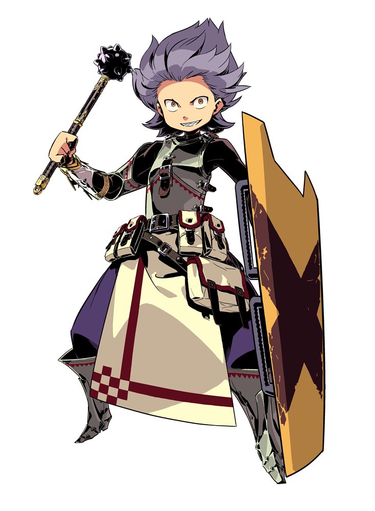armor bag belt boots brown_eyes fortress_(sekaiju) full_body grin himukai_yuuji mace male_focus official_art pouch purple_hair sekaiju_no_meikyuu sekaiju_no_meikyuu_4 sharp_teeth shield simple_background smile solo standing teeth wavy_hair weapon white_background