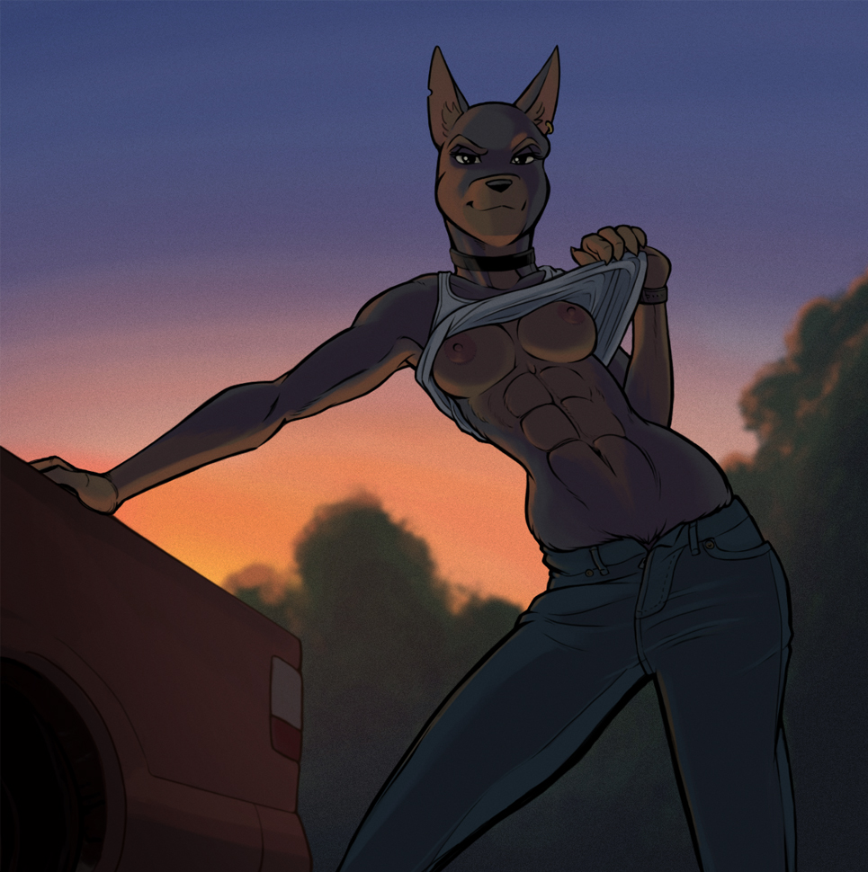 adonis anthro belt breasts canine car clothing doberman dog female flashing hood looking_at_viewer mammal mason_the_doberman muscles muscular_female nipples pants pose smile solo