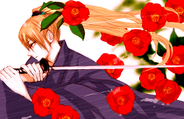 camellia copyright_request flower hairband japanese_clothes line orange_hair red_eyes solo sword weapon