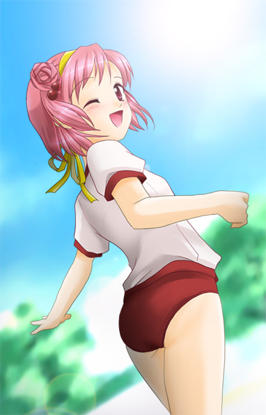 ;d ass blush buruma day double_bun ever_17 flat_chest from_behind gym_uniform hair_bobbles hair_ornament hair_ribbon hairband lens_flare looking_back min one_eye_closed open_mouth outdoors pink_eyes pink_hair ribbon short_hair short_twintails sky smile solo standing sun twintails yagami_coco