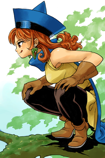alena_(dq4) armpits dragon_quest dragon_quest_iv earrings gloves hat jewelry long_hair mimonel orange_hair pantyhose skirt solo squatting tongue yellow_skirt