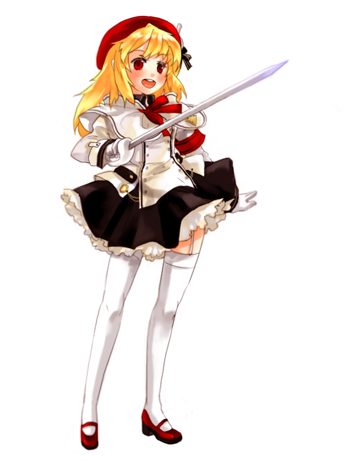 blonde_hair copyright_request garter_belt gwayo hat long_hair red_eyes solo sword thighhighs weapon