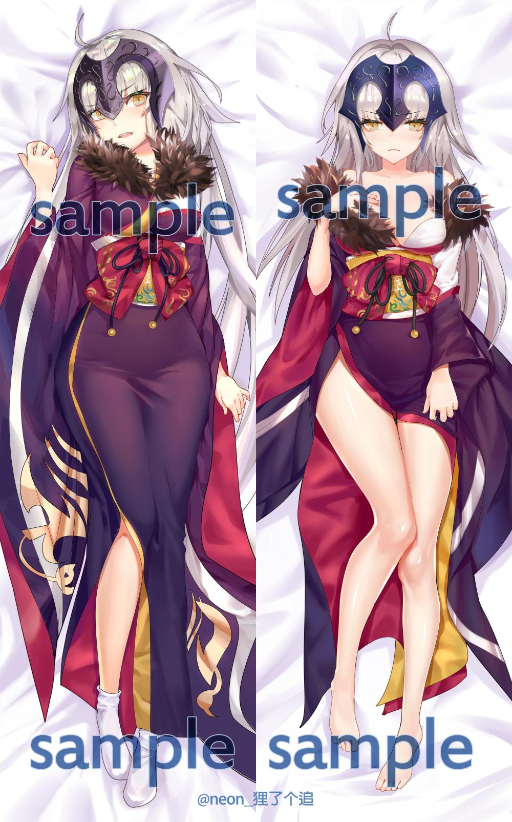 1girl ahoge alternate_costume barefoot blush breasts collarbone commentary_request dakimakura fate/grand_order fate_(series) fur-trimmed_kimono fur_trim headpiece highres japanese_clothes jeanne_d'arc_(alter)_(fate) jeanne_d'arc_(fate)_(all) kimono large_breasts light_frown long_hair lying multiple_views neon_(zuicongming) obi on_back sample sash short_socks side_slit silver_hair very_long_hair white_legwear yellow_eyes