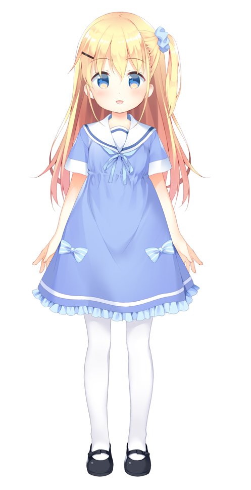 1girl :d bangs black_footwear blonde_hair blue_bow blue_dress blue_eyes blue_ribbon blue_scrunchie blush bow commentary_request dress eyebrows_visible_through_hair frilled_dress frills full_body hair_between_eyes hair_ornament hairclip long_hair mary_janes meito_(maze) neck_ribbon one_side_up open_mouth original pantyhose ribbon sailor_collar sailor_dress scrunchie shoes short_sleeves simple_background smile solo standing striped striped_bow very_long_hair white_background white_legwear white_sailor_collar