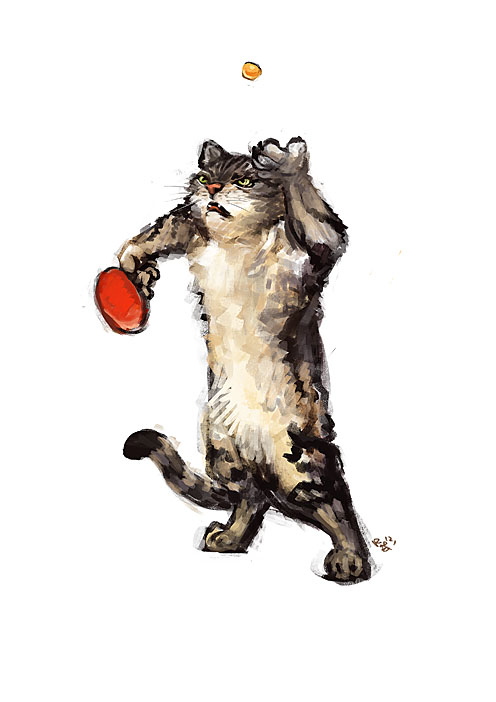 cute feline feral mammal plain_background racoonwolf serve solo table_tennis white_background