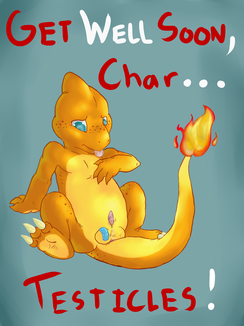 band-aid blue_eyes char char_(character) charmander english_text fire freckles lizard male nintendo orange_skin penis plain_background pok&#233;mon pok&eacute;mon reptile sarvix scalie sitting solo sticking_plaster text tongue tongue_out video_games