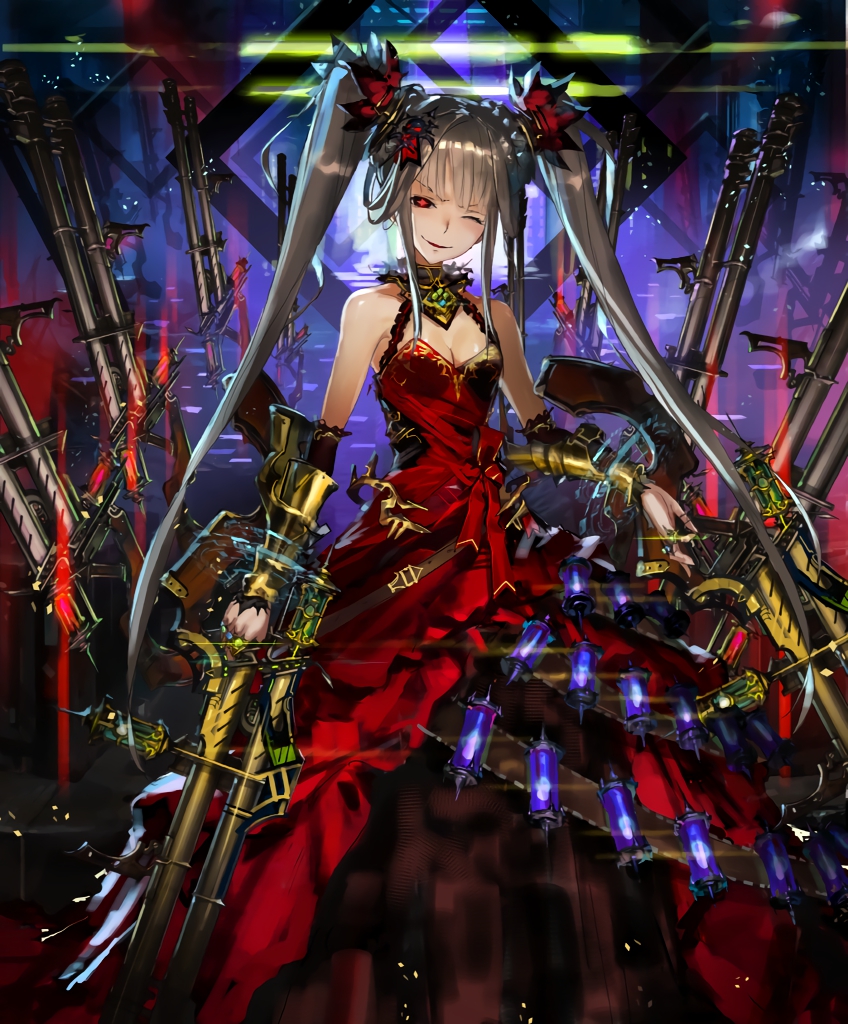 1girl ammunition_belt artist_request bracer brown_hair canister choker cygames dress evil_smile floating_weapon frilled_dress frills glowing glowing_eye gun holding holding_gun holding_weapon ilmisuna_arms_dealer jewelry long_hair looking_at_viewer official_art one_eye_closed red_pupils ring shadowverse smile twintails weapon