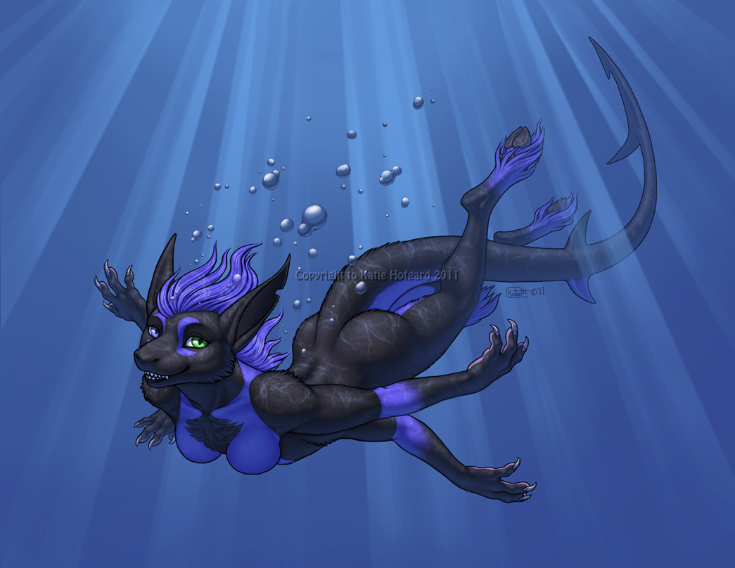 blue_hair bovine breasts bubble bubbles cattle cool_colors cow female fish hair heterochromia hooves hybrid looking_at_viewer mammal mana_(tonic_demonic) mana_dwi_daries marine multi_limb multiple_arms nude shark solo swimming underwater water wolf-nymph