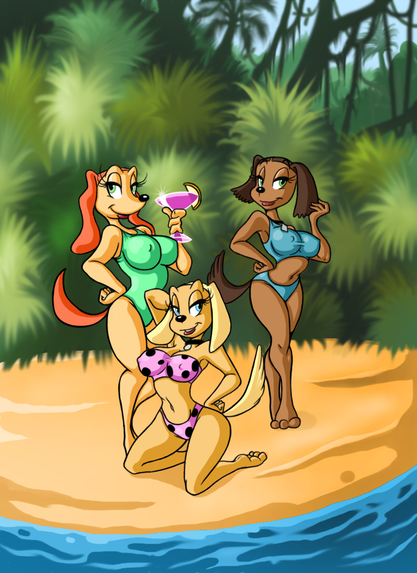 bikini brandy_and_mr._whiskers brandy_harrington breasts canine clothed clothing dog female forest glass group lake lordstevie mammal one-piece_swimsuit pose sandy_carington skimpy smile swimsuit tiffany_turlington tight_clothing tree water wood