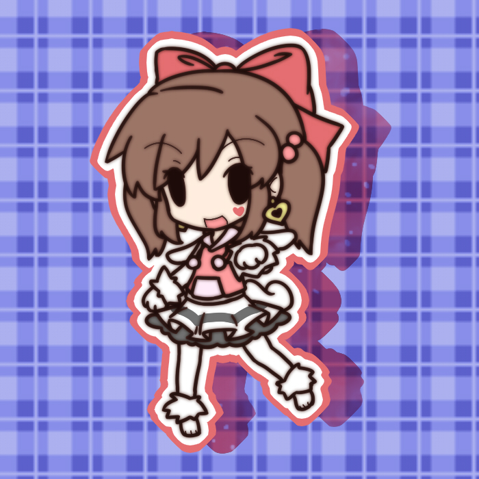 1girl :d bad_id bad_pixiv_id bow brown_hair character_request chibi fushigi_ebi hair_bobbles hair_bow hair_ornament heart jewelry latale open_mouth outline plaid plaid_background shadow single_earring skirt smile solid_oval_eyes solo