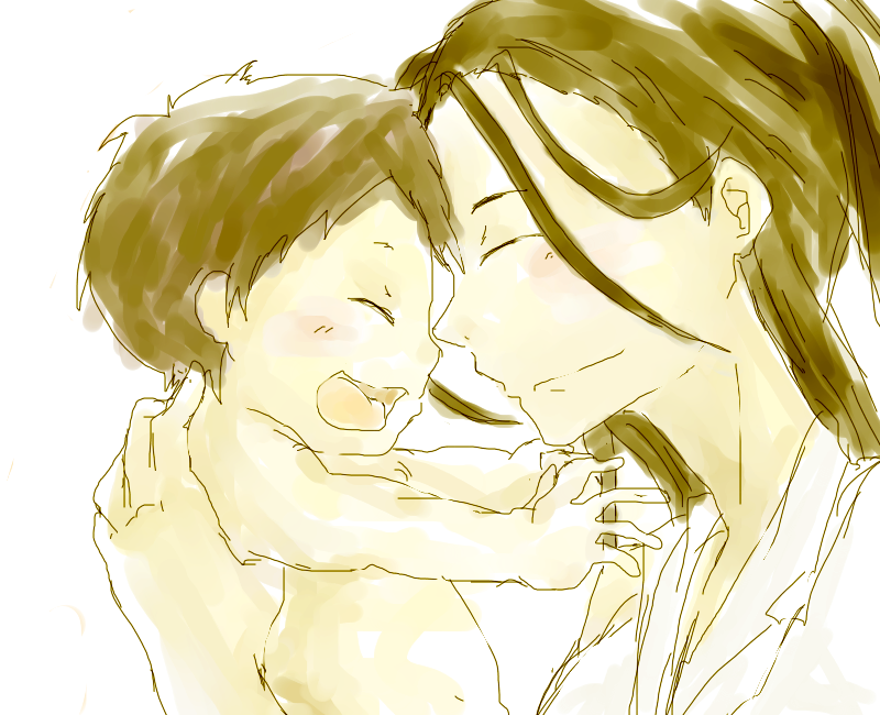 1girl baby bad_id bad_pixiv_id brown_hair closed_eyes family forehead-to-forehead from_side fullmetal_alchemist hair_strand happy izumi_curtis jinguu_(timaya) mother_and_son open_mouth profile sketch wrath