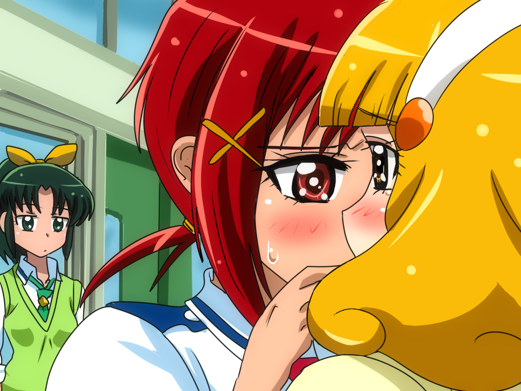 blonde_hair blush eyelashes green_eyes green_hair hair_ornament hairband hairclip hino_akane_(smile_precure!) karuta_(karuta01) kise_yayoi midorikawa_nao multiple_girls nanairogaoka_middle_school_uniform necktie ponytail precure red_eyes red_hair school_uniform sleeves_rolled_up smile_precure! sweater_vest white_hairband yellow_eyes yuri