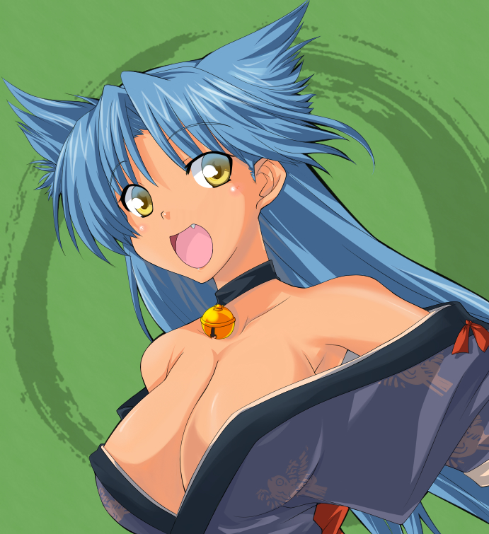 :d bare_shoulders bell bell_collar blue_hair breasts collar fang green_background japanese_clothes kimono kurenasm long_hair medium_breasts open_mouth rance_(series) sengoku_rance smile solo suzume_(rance) tan yellow_eyes