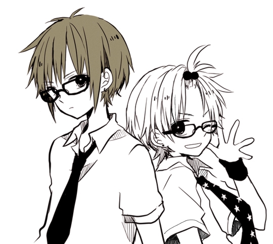 2boys :d adjusting_eyewear anzu_(o6v6o) back-to-back bangs_pinned_back collared_shirt frown glasses gumiya kagamine_len looking_at_viewer male_focus monochrome multiple_boys necktie open_mouth print_neckwear shirt short_sleeves smile star star_print sweatband upper_body v-shaped_eyebrows vocaloid wristband